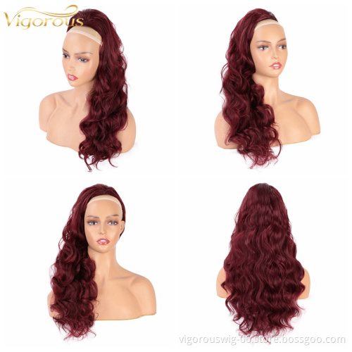 Vigorous 24 inch Body Wave Ponytail Extension Drawstring Heat Resistant Curly Wavy Synthetic Ponytail Hairpiece for Women Red